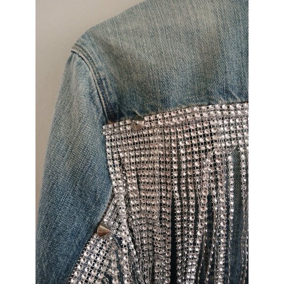 Levis Womens M Jean Jacket Custom Rhinestone Fringe Retro Western Festival Boho - Picture 7 of 8